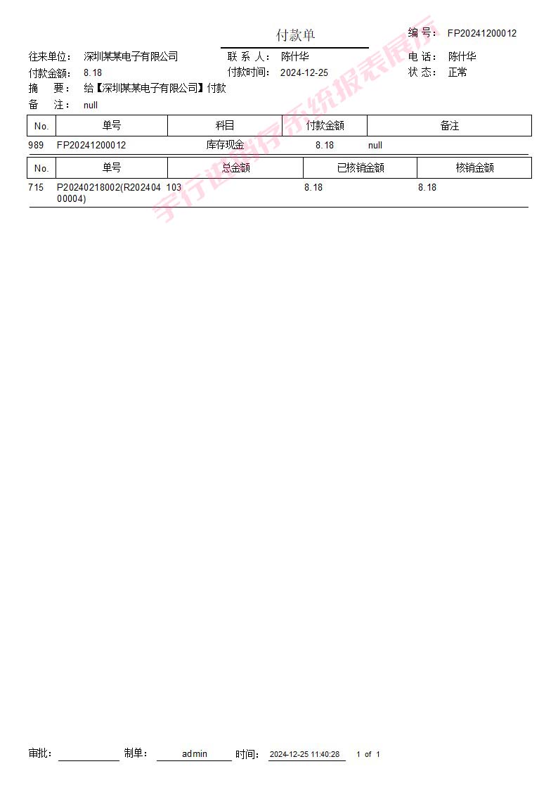 系统报表展示-付款单报表